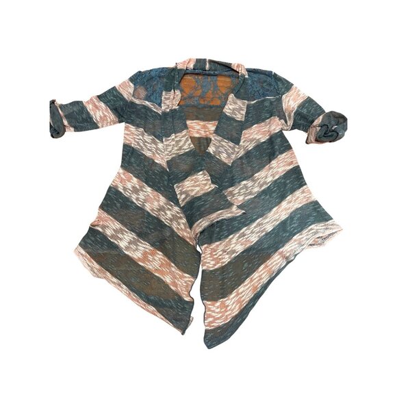 CCC Striped Lace Back Open Cardigan Roll Up Sleeves Waterfall Hem Size Medium - Picture 5 of 7